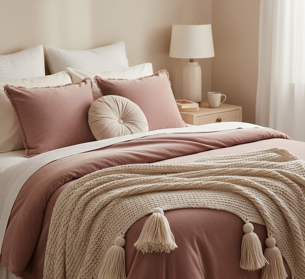 Cozy bedroom with textured blankets