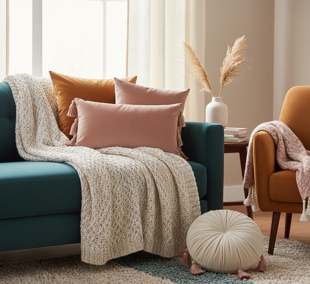 Stylish living room with decorative pillows and blankets